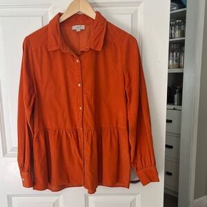 LOFT Orange Corduroy Button-Down Baby Doll Shirt Sz medium